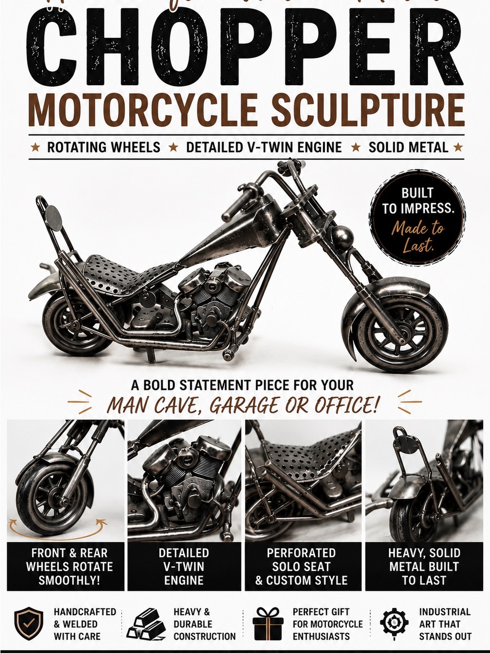 Handcrafted Welded Metal Chopper Motorcycle Sculpture Industrial Man Cave Decor